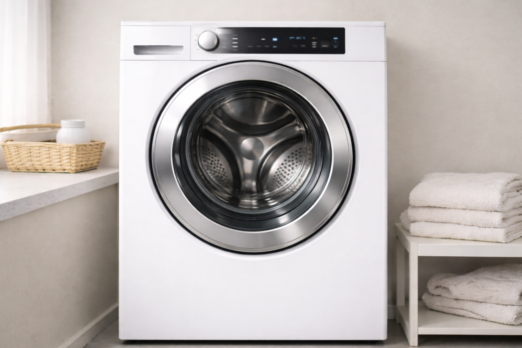 Lavadora de carga frontal en un cuarto de lavado con la puerta cerrada y luz natural suave.